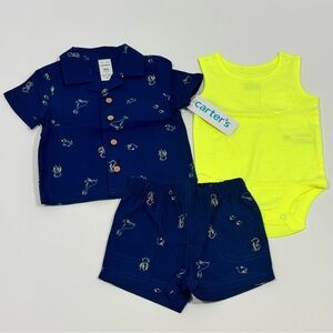Carter's Baby Boys’ 3-Piece Shorts Outfit, Navy/Neon Yellow, Size 3 Months NWT